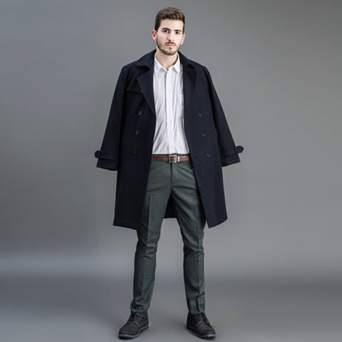 Herren Wollmantel im Trench-Look mit doppelter Knopfleiste und Schalkragen Nord Taschen