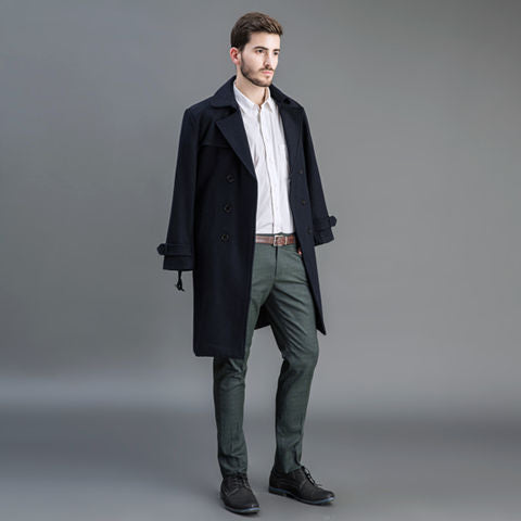 Herren Wollmantel im Trench-Look mit doppelter Knopfleiste und Schalkragen Nord Taschen