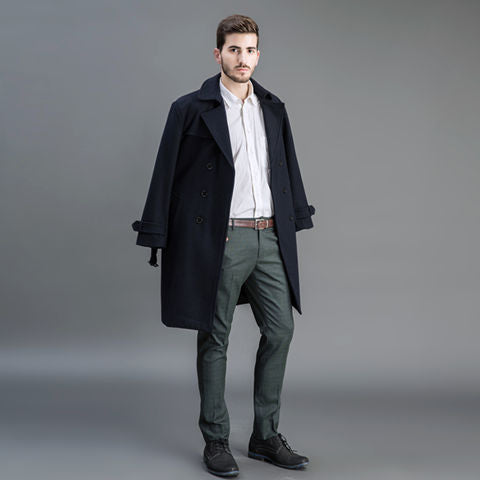 Herren Wollmantel im Trench-Look mit doppelter Knopfleiste und Schalkragen Nord Taschen