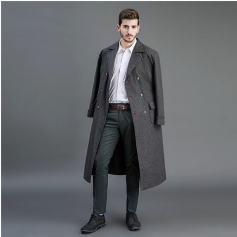 Herren Doppelreihiger Wollmantel mit Schalkragen und langer Silhouette Nord Taschen