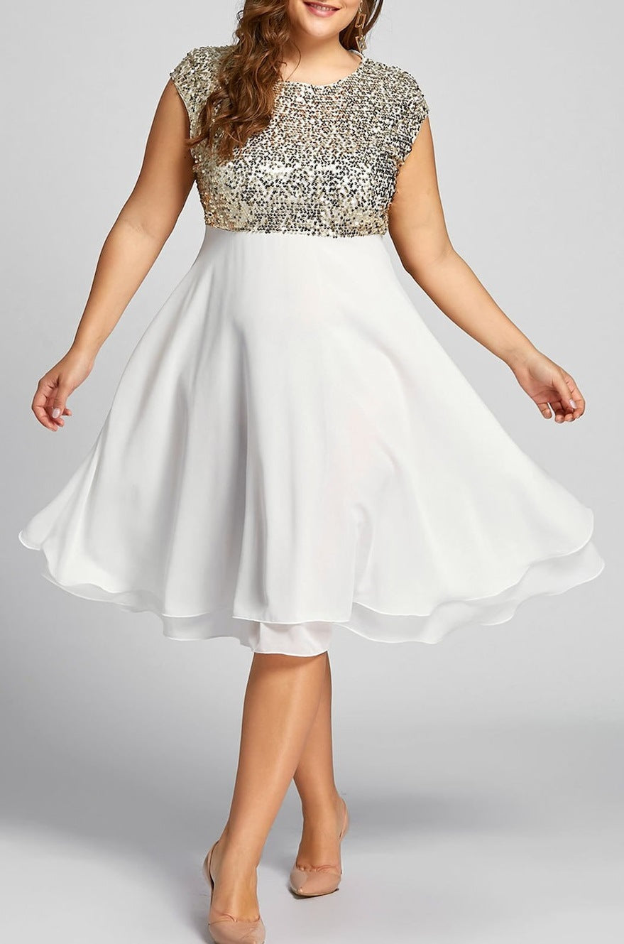 Damen Elegantes Cocktailkleid mit schimmerndem Oberteil und schwingendem Rock Nord Taschen