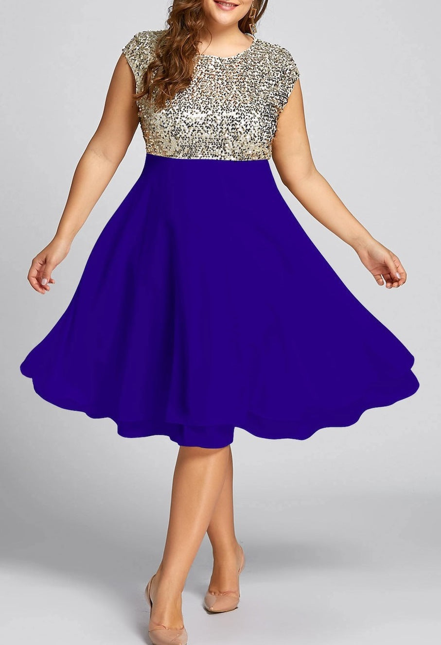 Damen Elegantes Cocktailkleid mit schimmerndem Oberteil und schwingendem Rock Nord Taschen