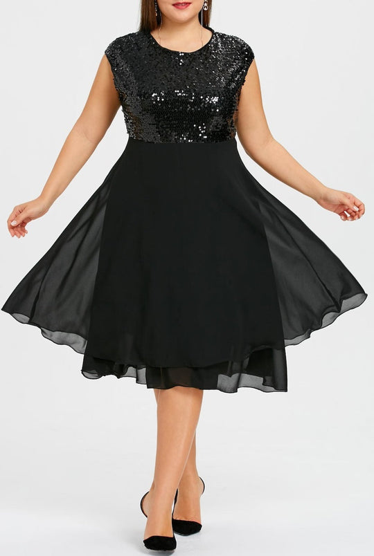 Damen Elegantes Cocktailkleid mit schimmerndem Oberteil und schwingendem Rock Nord Taschen
