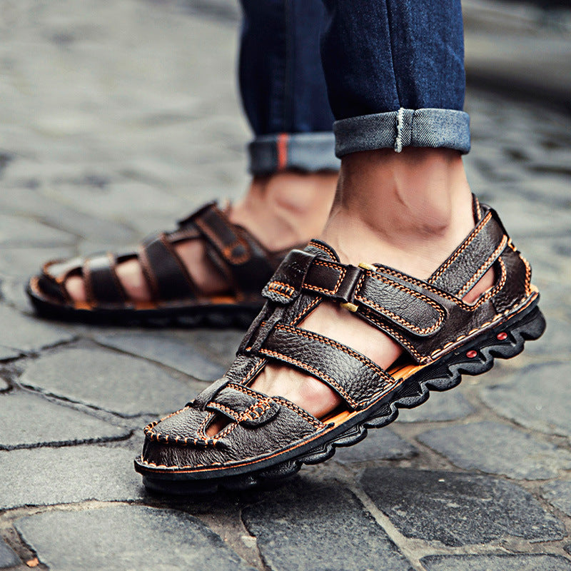 Herren Bequeme Ledersandalen mit verstellbarem Riemen und rutschfester Sohle