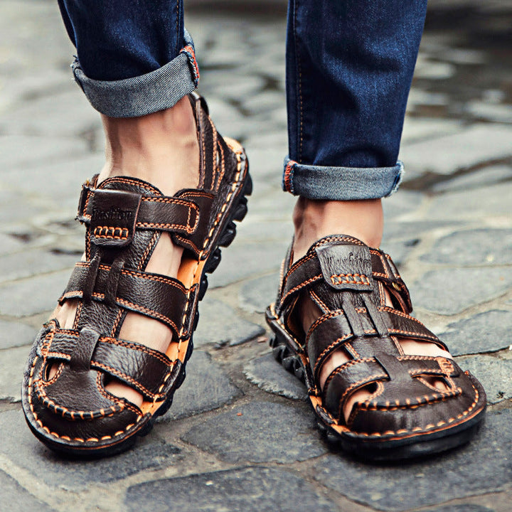 Herren Bequeme Ledersandalen mit verstellbarem Riemen und rutschfester Sohle