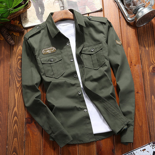 Herren Military-Utility-Hemdjacke mit Pattentaschen, Schulterepauletten und dezenter Patch-Applikation Nord Taschen