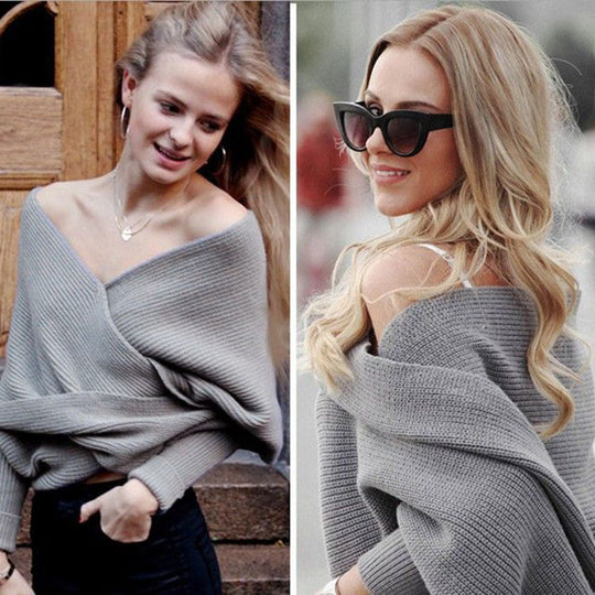 Damen Oversize Schulterfreier Wickelstrickpullover aus Rippstrick Drune