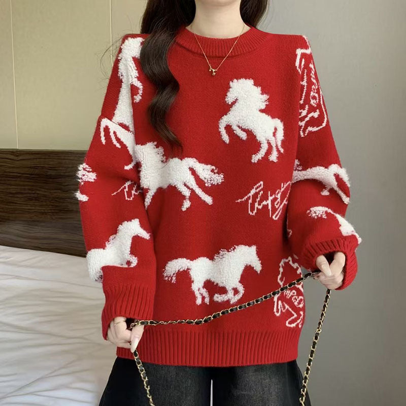 Roter Damen-Strickpullover mit Pferdestickerei