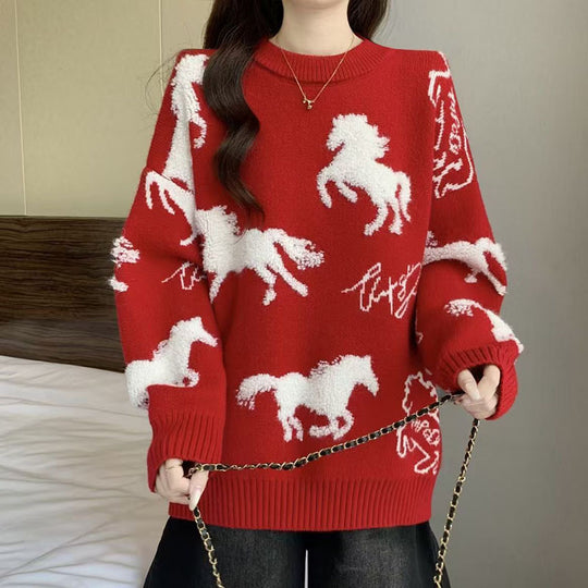Roter Damen-Strickpullover mit Pferdestickerei