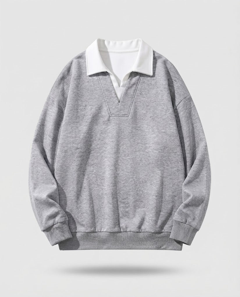 Herren Oversize-Pullover mit kontrastierendem Polokragen und V‑Einsatz Nord Taschen