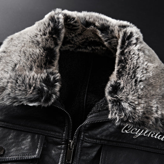 Herren Lederimitatjacke mit Kunstfellkragen und militärischen Abzeichen Nord Taschen