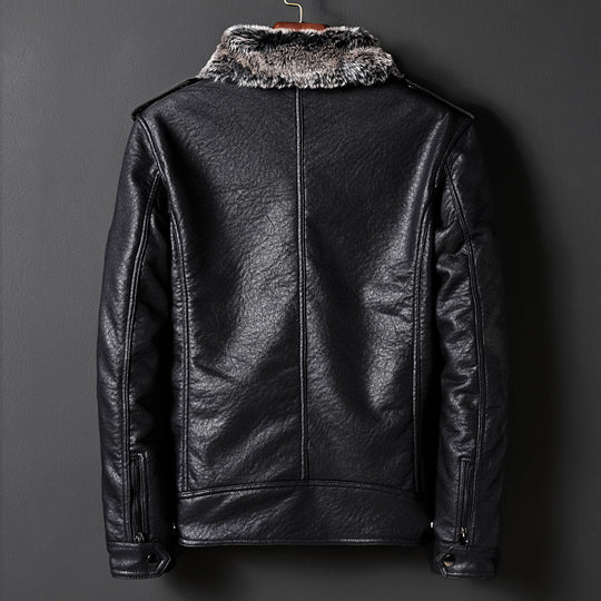 Herren Lederimitatjacke mit Kunstfellkragen und militärischen Abzeichen Nord Taschen