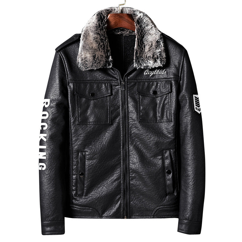 Herren Lederimitatjacke mit Kunstfellkragen und militärischen Abzeichen Nord Taschen