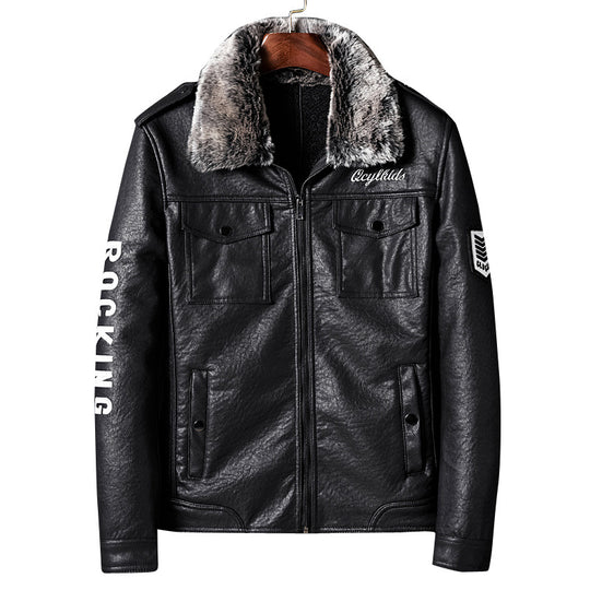 Herren Lederimitatjacke mit Kunstfellkragen und militärischen Abzeichen Nord Taschen