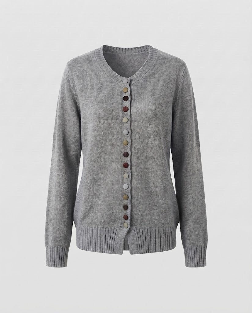 Damen Feiner V-Ausschnitt-Cardigan mit mehrfarbigen Zierknöpfen und geripptem Saum Nord Taschen