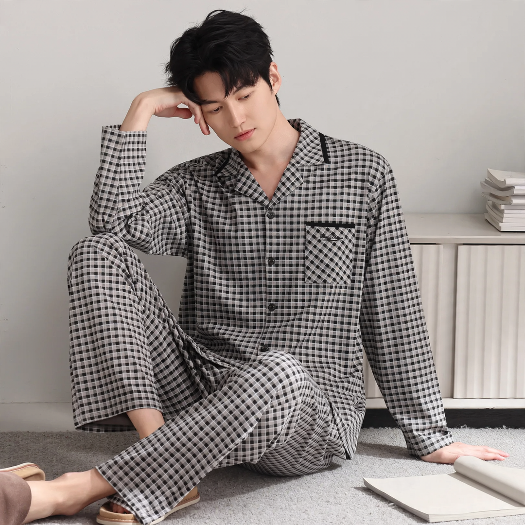 Herren-Pyjama-Set, kariert, Baumwolle, Vintage-Stil
