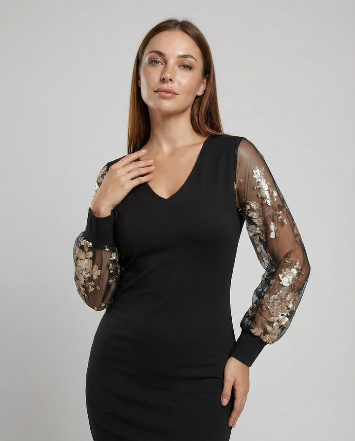 Schwarzes Blumen Mesh Midikleid