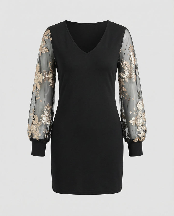 Schwarzes Blumen Mesh Midikleid