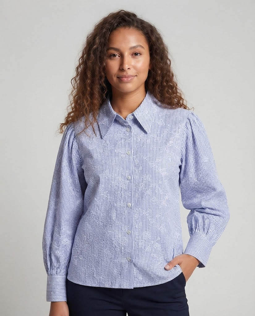 Damen Langärmlige Popeline-Bluse mit Volumenärmeln und Spitzkragen Nord Taschen