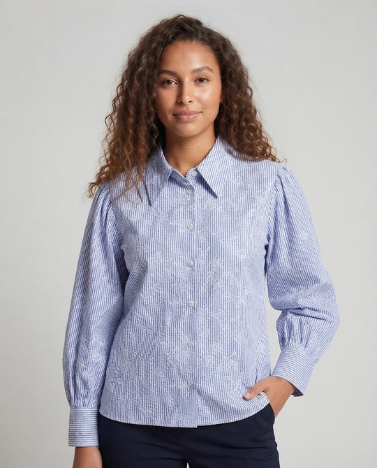 Damen Langärmlige Popeline-Bluse mit Volumenärmeln und Spitzkragen Nord Taschen