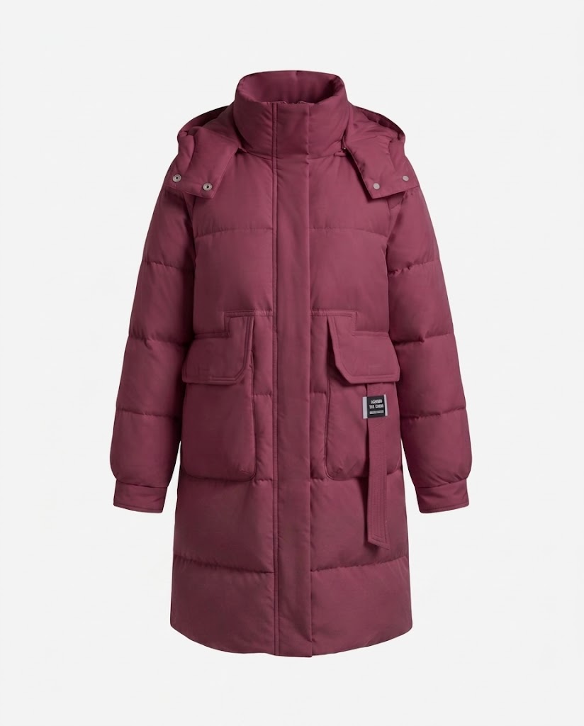 Damen längerer gepolsterter steppmantel mit hohem Stehkragen, verdeckter Knopfleiste und großen aufgesetzten Taschen.