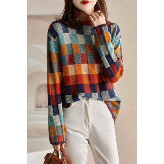 Damen-Strickpullover, Schachbrettmuster, Rollkragen