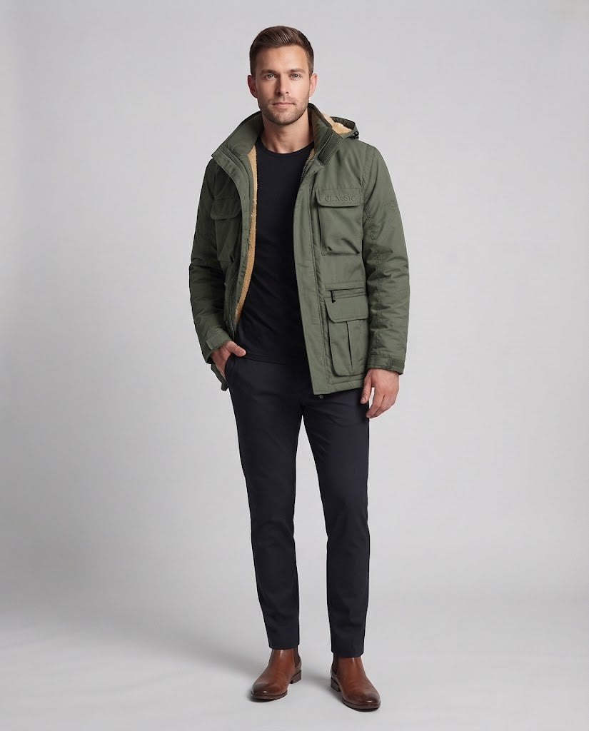 Herren Gefütterter Fieldparka mit Teddyfutter Kapuze und Mehrfach‑Taschen Nord Taschen