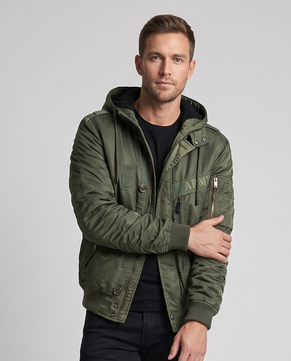 Herren wasserabweisende Piloten-Bomberjacke mit Kapuze, gesteppter Thermoisolierung und Multi‑Taschen Nord Taschen