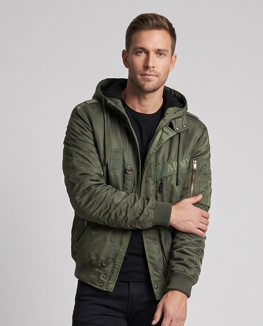 Herren wasserabweisende Piloten-Bomberjacke mit Kapuze, gesteppter Thermoisolierung und Multi‑Taschen Nord Taschen