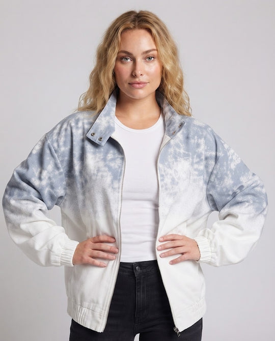 Damen Oversize Bomberjacke mit Batik‑Print, Stehkragen und Reißverschluss Nord Taschen