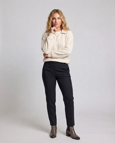 Damen Oversize Strickpullover mit Polokragen und Zopfmuster Nord Taschen