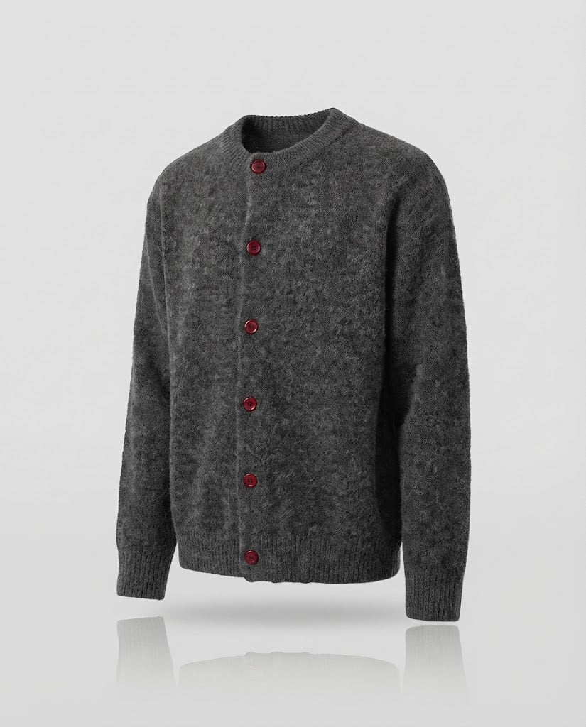 Herren Grobgestrickte Mohair‑Optik Strickjacke mit Rundhalsausschnitt Nord Taschen