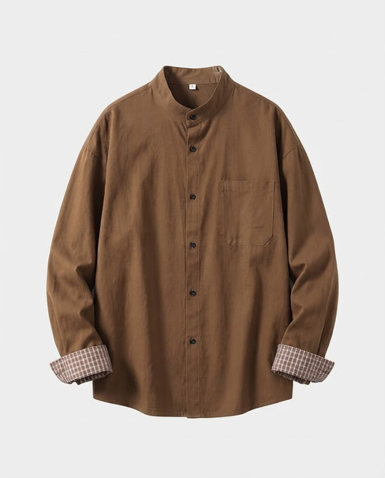 Herren Overshirt mit Stehkragen und kontrastierenden Karomanschetten lockerer Schnitt Nord Taschen