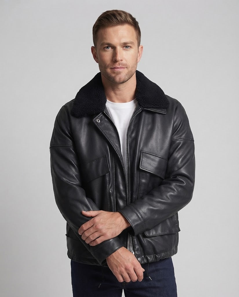 Herren Oversize-Lederjacke mit Teddykragen, Reißverschluss und großen Pattentaschen Nord Taschen
