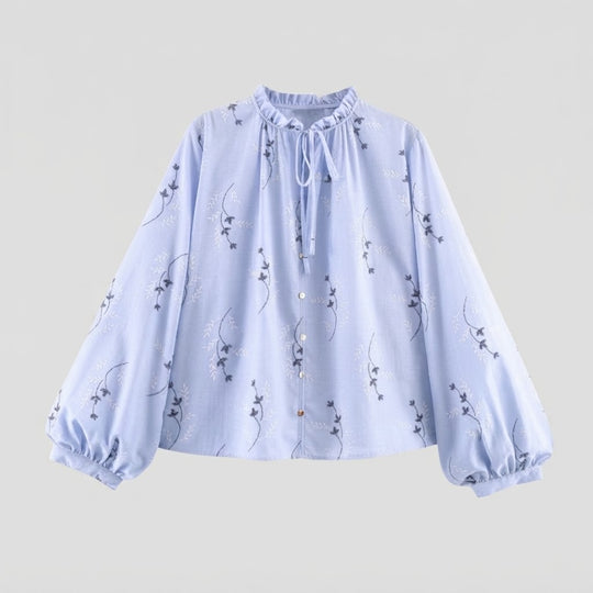 Damen Bestickte Baumwollbluse mit Stehkragen, Knopfleiste und Bindeband Nord Taschen