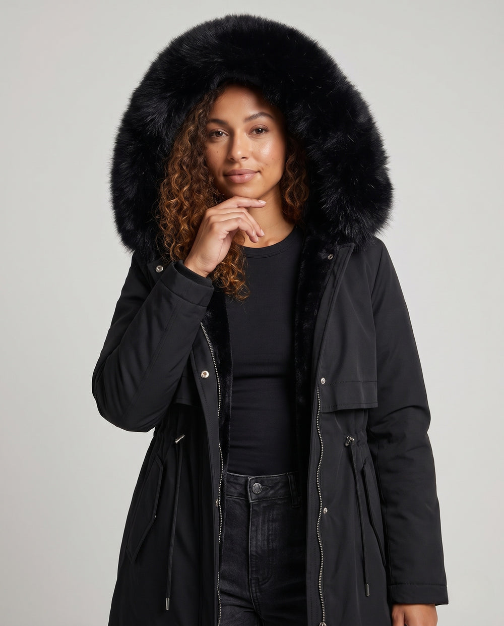Damen-Winterjacke, gefüttert, mit Kunstfellkragen