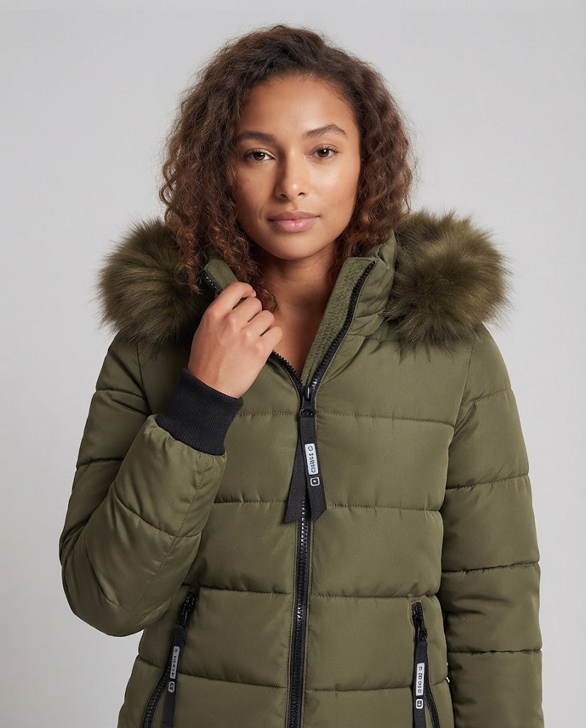 Damen-Winterjacke, kurz, tailliert, mit Fellkragen