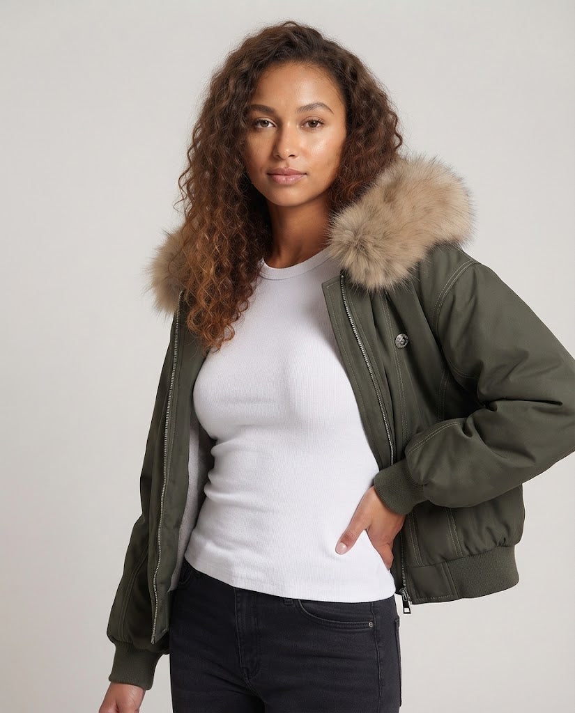 Kurze Damen-Winterjacke im amerikanischen Stil mit Kunstfell
