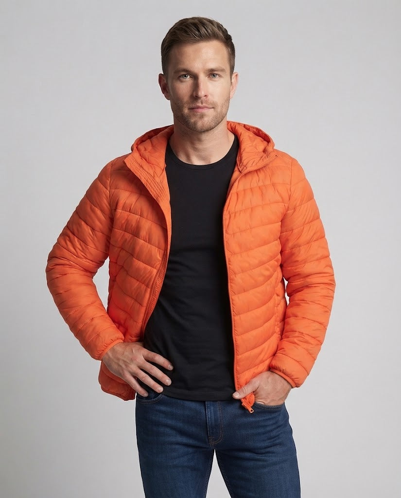 Leichte Herren-Daunenjacke mit Kapuze, weißes Entendaunen-Futter