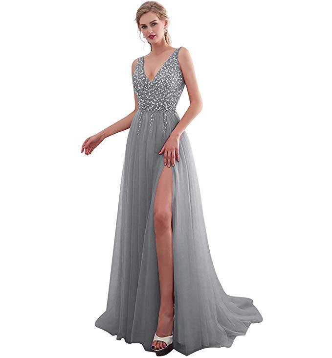 Damen Elegantes Abendkleid mit funkelnden Pailletten und tiefem Schlitz