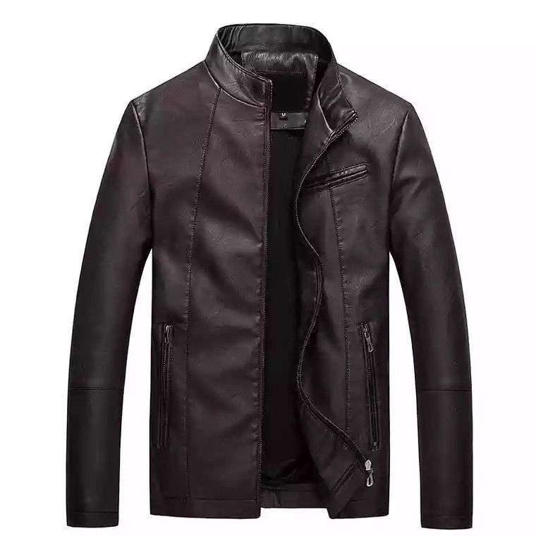 Herren Slim-Fit Kunstlederjacke im Bikerstil mit Stehkragen und Reißverschluss Nord Taschen