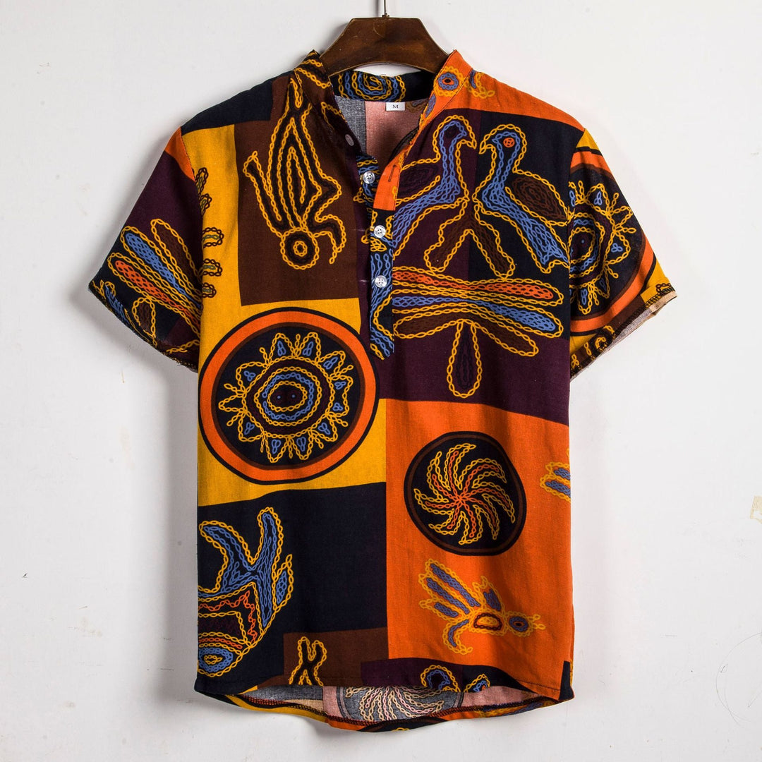 Herren Kurzarmhemd mit afric-inspired Mustern und lässigem Henley-Ausschnitt