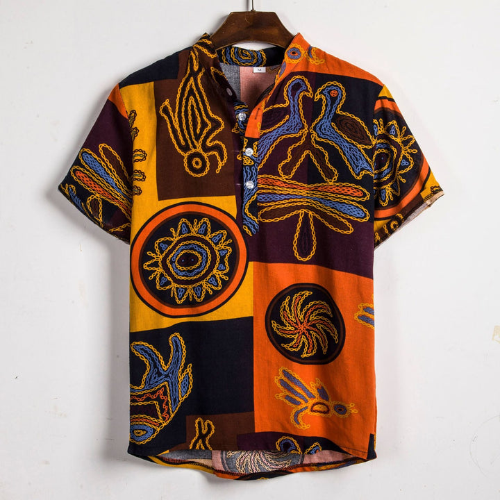 Herren Kurzarmhemd mit afric-inspired Mustern und lässigem Henley-Ausschnitt