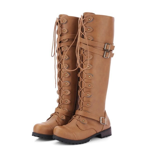 Damen Kniehohe Schnürstiefel im Military‑Look mit Zierschnallen und robuster Profilsohle Nord Taschen