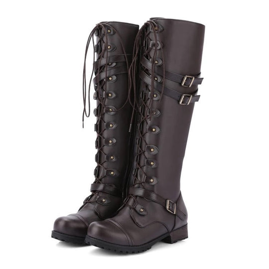 Damen Kniehohe Schnürstiefel im Military‑Look mit Zierschnallen und robuster Profilsohle Nord Taschen