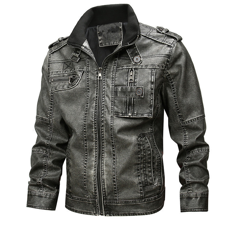 Herren Vintage-inspirierte Bikerjacke in Lederoptik mit Utility-Taschen und Stehkragen Nord Taschen