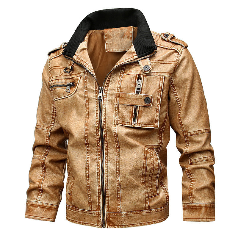 Herren Vintage-inspirierte Bikerjacke in Lederoptik mit Utility-Taschen und Stehkragen Nord Taschen