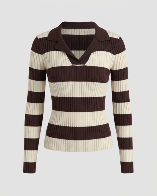 Damen Taillierter Rippstrick-Polopullover mit weitem Kragen Nord Taschen