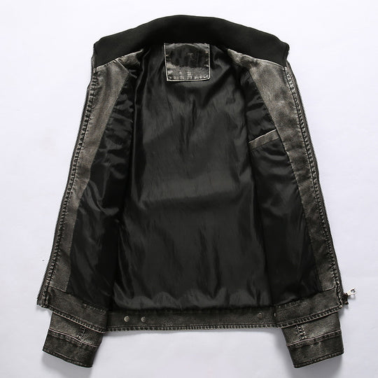 Herren Vintage-inspirierte Bikerjacke in Lederoptik mit Utility-Taschen und Stehkragen Nord Taschen