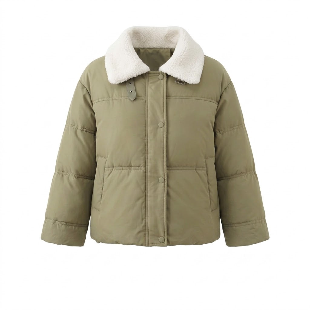 Damen kurze gepolsterte Pufferjacke mit Teddy-Kragen, verdeckter Druckknopfblende und Isolierung für Reisen